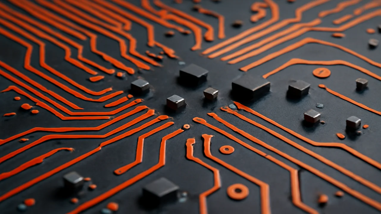 Editorial macro of a stylised gaming cabinet mainboard