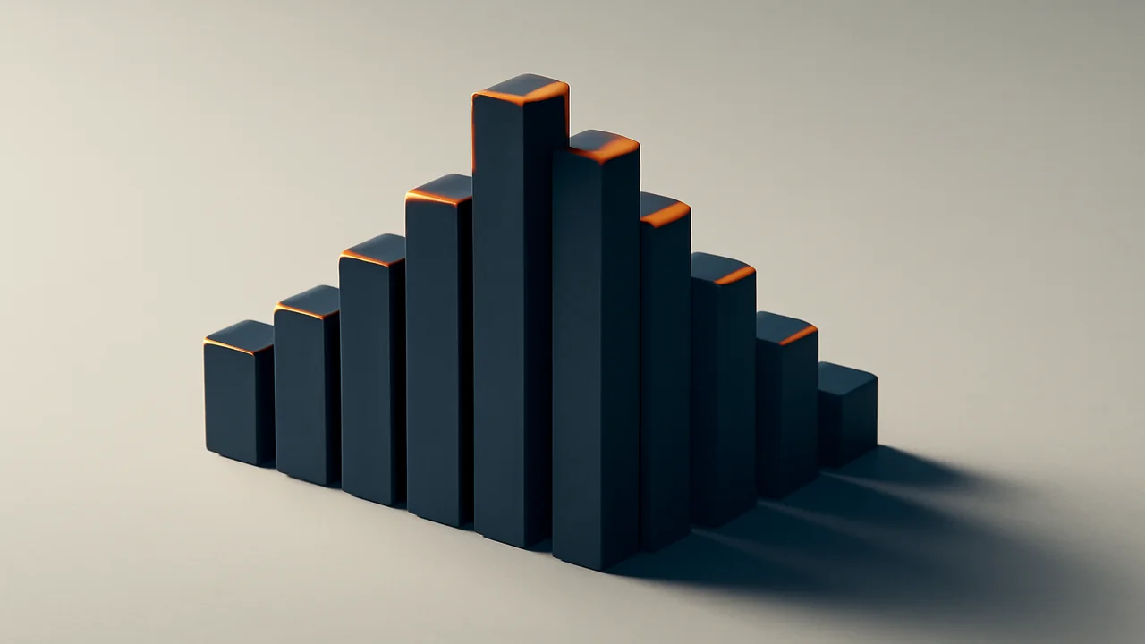 Editorial illustration of an RNG output histogram in graphite and orange